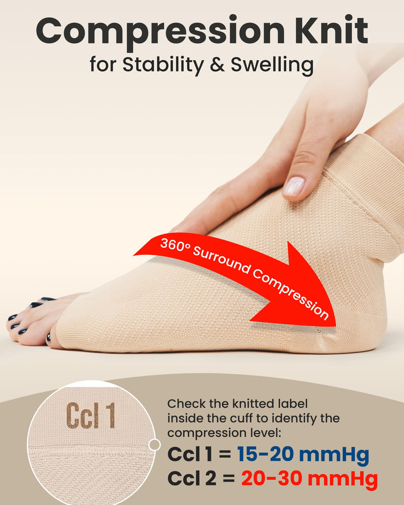 KEMFORD Ankle Compression Sleeve - 1-Pair, Plantar Fasciitis Braces - Open Toe Compression Socks for Swelling, Sprain, Neuropathy, Arch Support for Men and Women X-Large Beige / 15-20mmHg / 1 Pair - BeesActive Australia