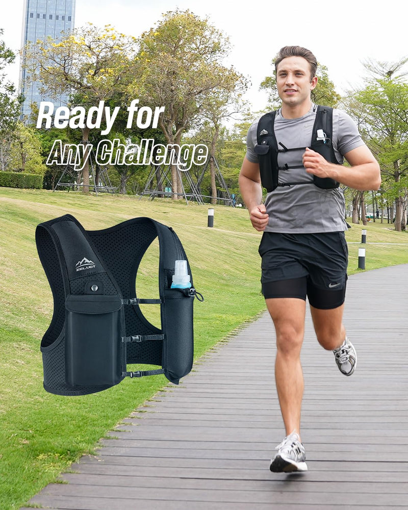 Running Vest for Women Men, USA Original Patent, Adjustable Chest Straps Running Hydration Vest with 500ml Soft Flask, Lightweight Reflective Hydration Backpack for Marathon Medium-Large Black