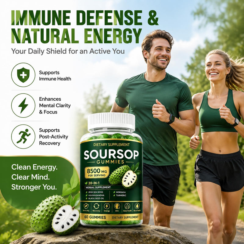 Soursop Gummies with Graviola Leaf Extract, Vitamin C & Zinc - Immune Support, Antioxidant & Calming Relief - Non-GMO, Sugar Free, Gluten Free, Vegan, 60 Count