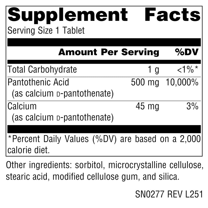 Source Naturals Pantothenic Acid, Vitamin B-5, 500 mg - 100 Tablets | Dietary Supplement | Energy Support*