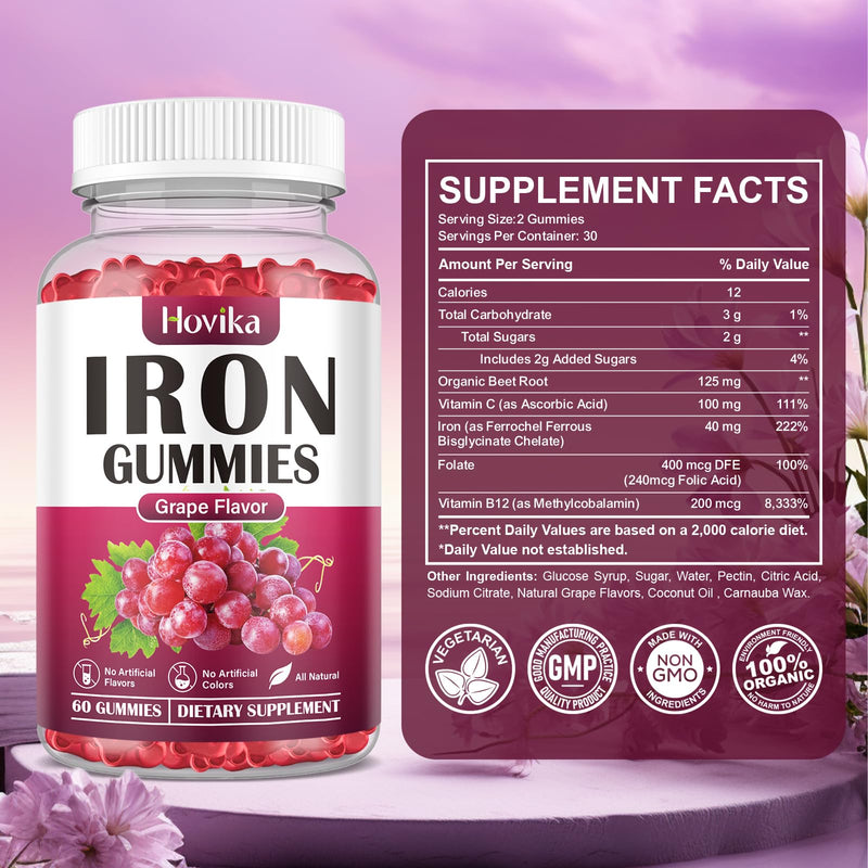 (2 Pack) Iron Gummies Supplement for Women & Men, Iron Supplements for Anemia with Vitamin C, B12, Folate-Blood Builder & Energy Support for Iron Deficiency - Grape Flavor, Vegan, 120 Gummies 120 Count (Pack of 1)