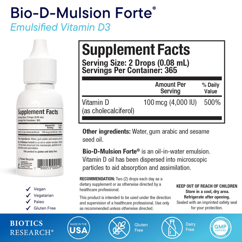 BIOTICS RESEARCH Bio-D-Mulsion Forte Liquid Vitamin D Drops 4000 IU – Vitamin D3 2000iu /Drop for Adults –Best Absorption, Strengthens Bones, Supports Cardiovascular & Immune System -1 fl oz 1 Fl Oz (Pack of 1)