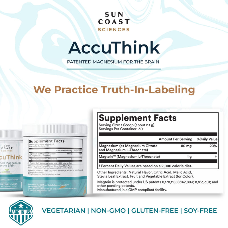 Sun Coast Science Sun Coast Sciences AccuThink - Patented Magnesium Brain - 2.64oz Memory Supplement Brain Health, Sleep, Mood Boost - Cognitive Support Supplement Magnesium Threonate Vitamin C
