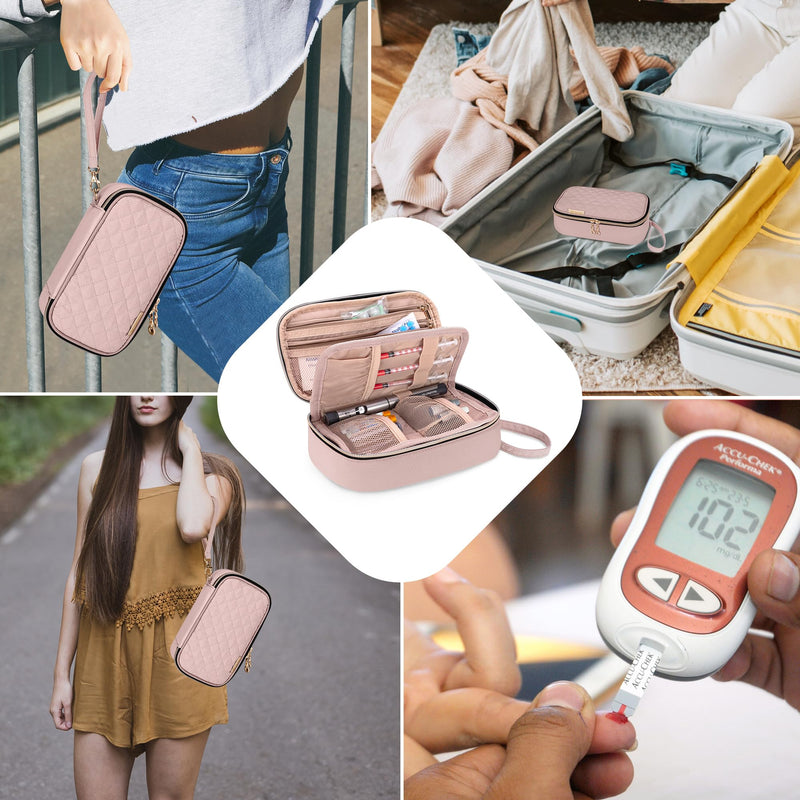 Yarwo Diabetic Travel Case for Blood Glucose Monitor, Test Strips, Syringes Dusty Rose