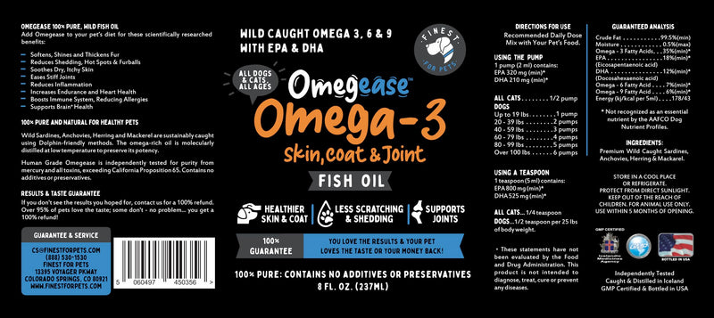 100% Pure Fish Oil for Dogs & Cats (1,545mg Omega 3 per Teaspoon) 8oz. Loaded with EPA & DHA for Joints, Skin & Coat, Itching, Heart & Immune Health. Stronger Than Salmon Oil. Unflavored Omegease. 8 Fl Oz