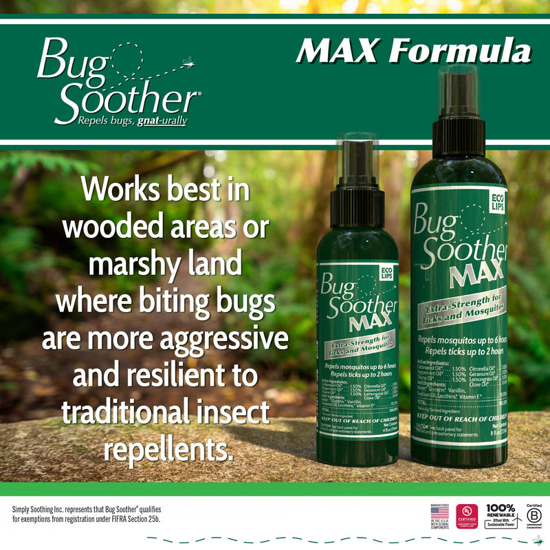 Bug Soother Max - Extra Strength Natural Gnat, Tick, and Mosquito Repellent, 4 fl oz Bug Spray Deterrent - DEET-Free - Safe for Adults & The Environment - Made in USA 4 Fl Oz (Pack of 1)