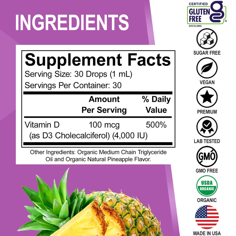 Vitamin D3 Liquid Drops Organic - Vegan VIT D Liquid Vitamin D for Adults & Kids Oil 4000 IU Vegan Organic D3 Drops Sublingual Supplement - Immune & Bone Health VIT Supplements, Non-GMO 30 Servings