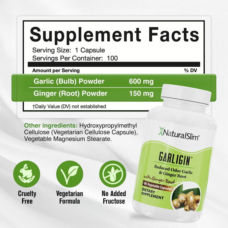 NaturalSlim Garligin Odorless Garlic Supplement with Ginger for Immune Support, Metabolism Booster, Supports Natural Body Balance & Improves Digestion - 100 Capsules - BeesActive Australia