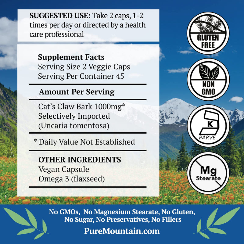 Pure Mountain Botanicals Cat’s Claw Capsules - 90 Kosher Vegan Caps with 1000mg Peruvian Cats Claw Uncaria Tomentosa Herbal Supplement