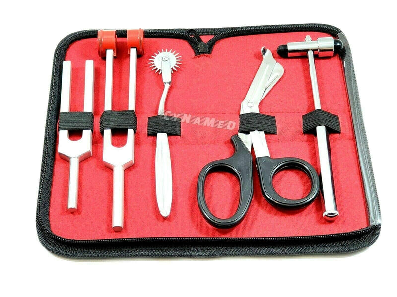 5 Piece Student Diagnostic Kit - Reflex Neurological Buck Hammer And Tuning Fork Set C 128 And C 512. Includes Wartenberg Pinwheel, Premium Steel Bandage Scissor 7.5” Black