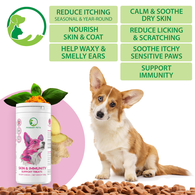 Primary Pets Premium Pet Supplies Skin & Immunity Support Chews for Dogs, Soothe Itchy Skin, Paws, Ears and Eyes, Allergy Sensitivity Support, 60 Soft Chews, Advanced Formula 60 Chews