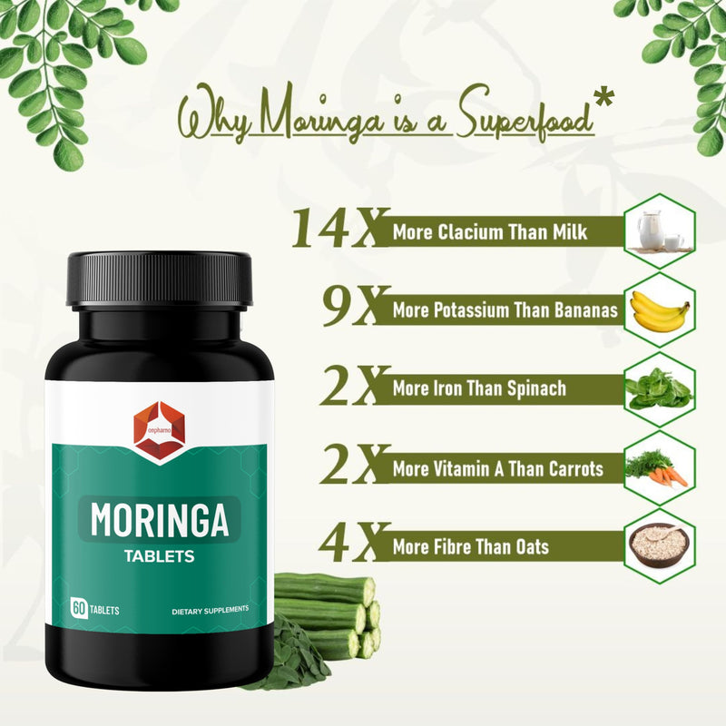 Moringa Tablets | 1000mg Organic Moringa Oleifera Leaf Powder | Natural Herbal Supplement | Vegan | Non-GMO | 60 Tablets
