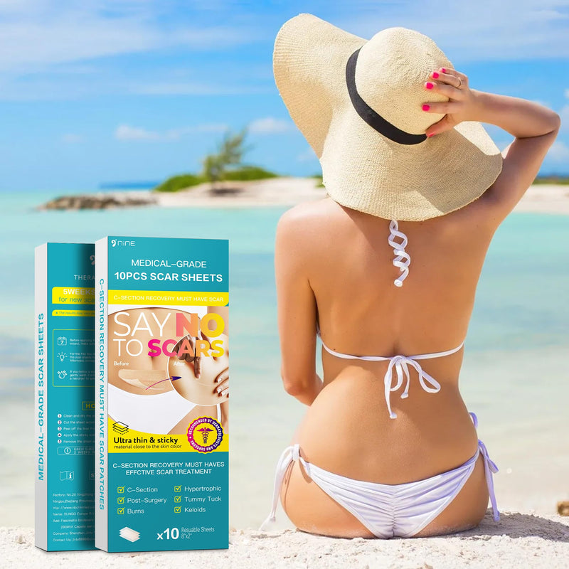 Silicone Scar Thicked Sheets,C Section Recovery Kit 2in x 8in 10ct | Reuseable Extra Long Scar Strips for Reducing the Appearance of Keloid Bump,Stretch Marks,Burn,Surgical Scar Removal(Latex Free)