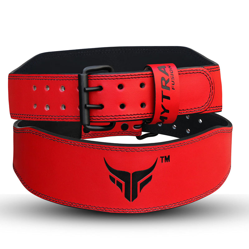 Mytra Fusion Weight Lifting Belt Double Prong Buckle Power Lifting Back Support Belt 100% Leather Gym Belts for Weightlifting Weight Lifting Belts for Men Women, Powerlifting, Strength Training Red S
