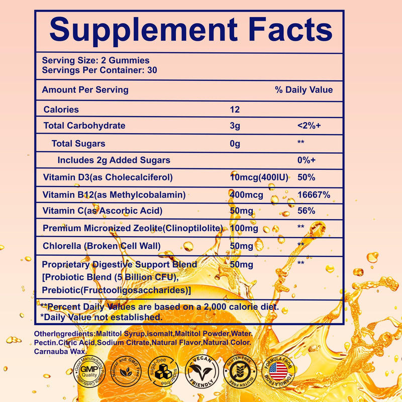 Zeolite for Kids&Adults Supports Cell Restoration,Natural Body Cleanse,Support Digestive Health,Immune System,Improves Focus,Vitamin B12, D3&C, Sugar-Free (60 Count, Orange) 60 Count (Pack of 1)