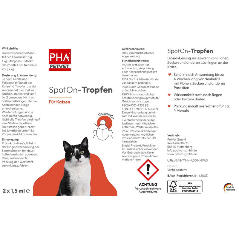 PHA Spot On drops for cats to ward off fleas, ticks and other pests, plant-based biocide, 2 plastic tubes of 1.5 ml each - BeesActive Australia
