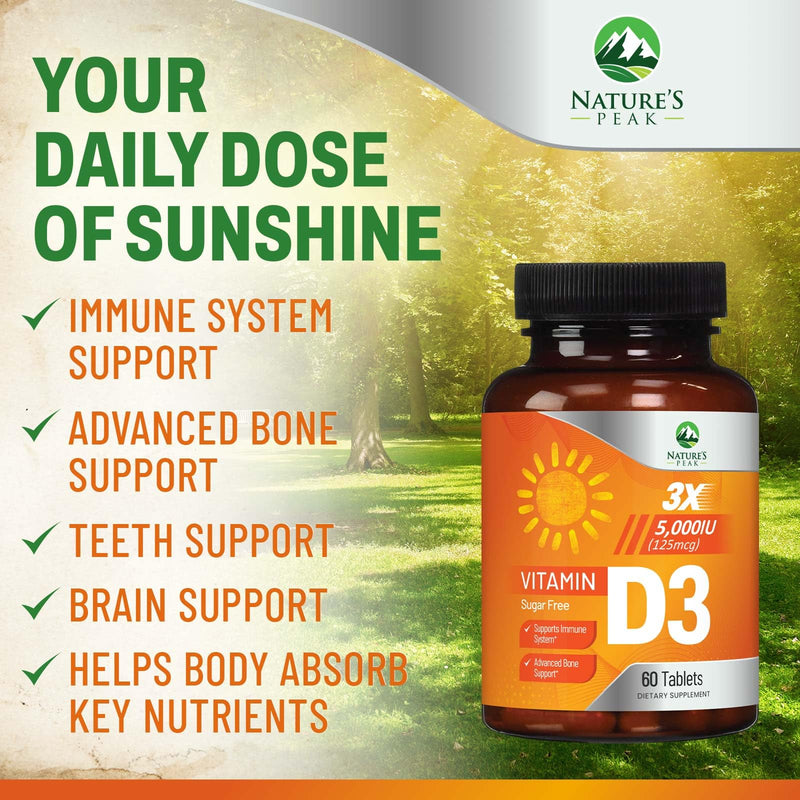 Vitamin D3 5000iu (125 mcg) Per Serving - 3X Strength Immune Health Support Vitamin D Dietary Supplement for Bone, Teeth, Muscle - Vit D, Vegan, Gluten Free, Raspberry Flavor - 60 Chewable Tablets 60 Count (Pack of 1)