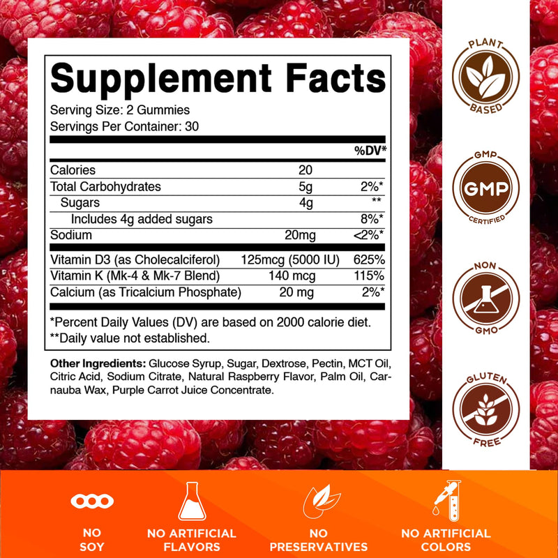 Vitamatic Vitamin D3 + K2 Gummies 60 Count | D-3 5000 IU + Vitamin K 140mcg for Bone Heart & Immune Support, Pectin-Based, Non-GMO, Gluten-Free 60 Count (Pack of 1)