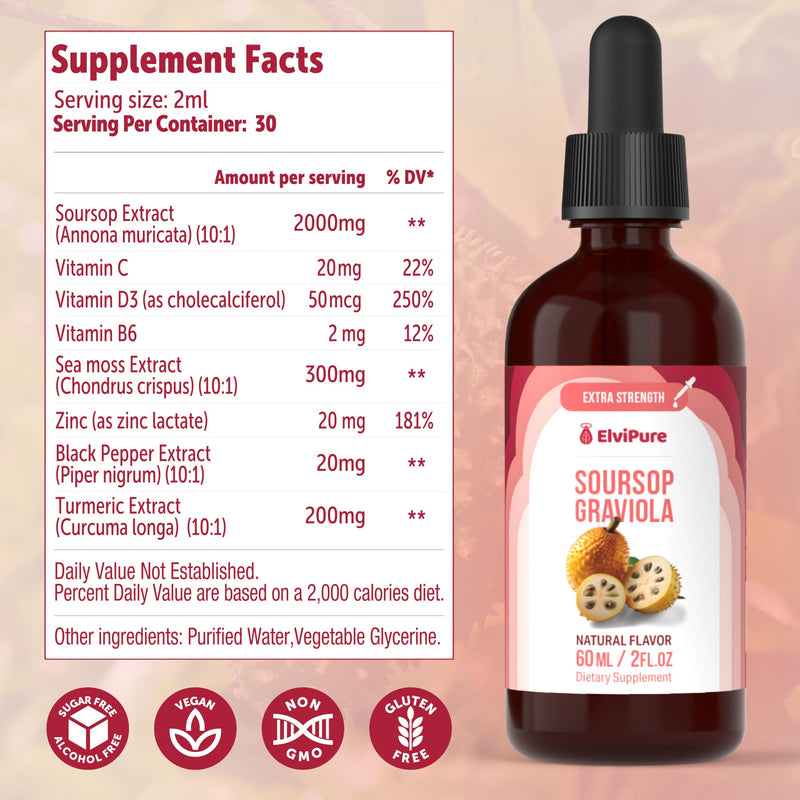 Soursop Bitters Liquid Drops – Immune Support & Gut Health with Soursop Organic Graviola Leaf Extract, Sea Moss, Vitamin C, D3, B6, Zinc, Turmeric & Black Pepper – 2 fl oz