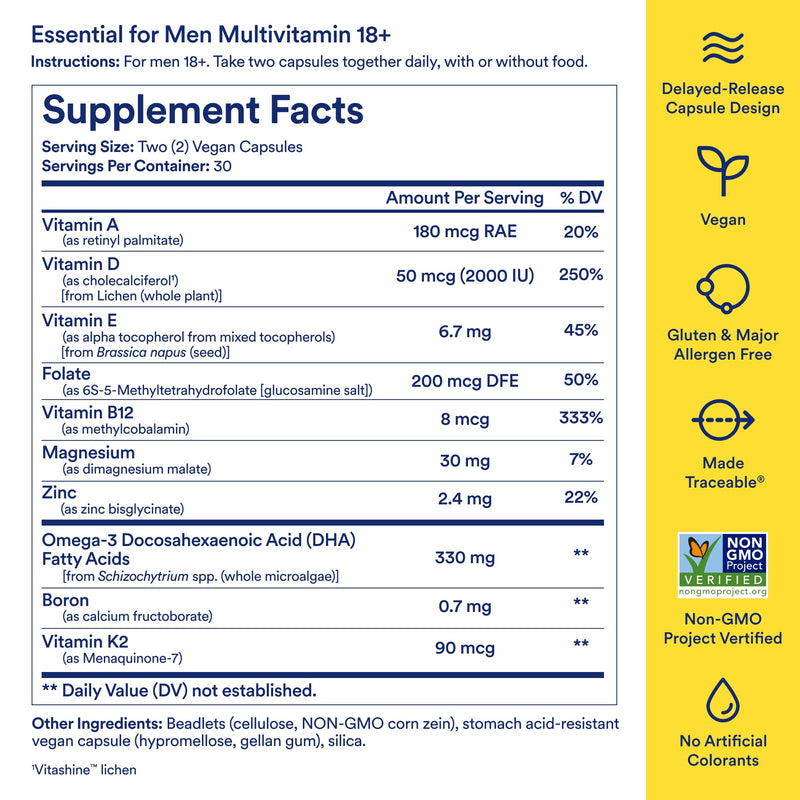 Ritual Men's 18+ Multivitamin - 60 Capsules - 30 Servings | Key Essential Vitamins and Minerals to Support Energy, Muscle, Heart, Brain Health* - Zinc, D3, B12, A, K2 - Vegan - Mint 60 Count (Pack of 1)