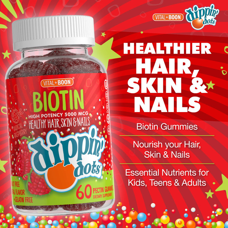 Dippin' Dots Hair Skin and Nails Vitamins, Biotin 5000mcg (60 Day, 2 Pack) | Raspberry biotin gummies support hair growth, hair vitamins for women & healthy nails; gluten free, Non-GMO, 2-pack. 60 Count (Pack of 2)
