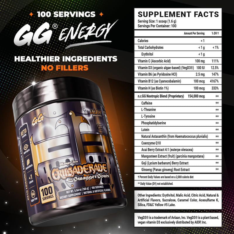 Gamer Supps GG Energy - Crusaderade by SwaggerSouls (100 Servings) - Keto Friendly Gaming Energy and Nootropic Blend, Sugar Free + Caffeine + Vitamins + Immune Support, Powder Drink