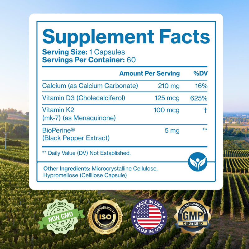 Vitamin D3 K2 Supplement, MK7 100mcg + D3 5000 IU, Vegan, 60 Capsules | With calcium & BioPerine for muscle, bone, heart, immunity & energy support; high absorption vegan formula 1 Count (Pack of 60)