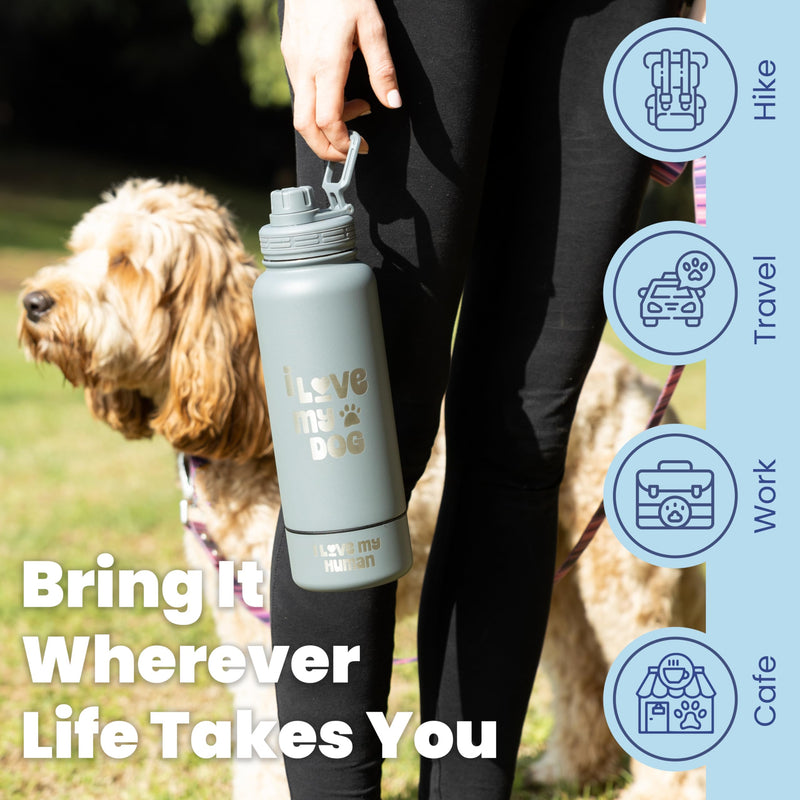 Dog Water Bottle for Dog Lovers - 32 oz Stainless Steel Double Wall Insulated Water Bottle with 8 oz Attached Dog Bowl - Best Dog Mom Gifts for Women - “Life is Better with Dogs” - Dusty Blue Life is Better: Dusty Blue - BeesActive Australia