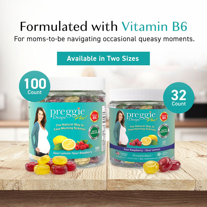 Three Lollies Preggie Pop Drops Plus Pregnancy Candy, Sour Mix, 100 Count | Pregnancy support candy with vitamin B6 and essential oils; sour raspberry and lemon flavors, 100 count. Sour Raspberry & Sour Lemon 100 Count (Pack of 1)