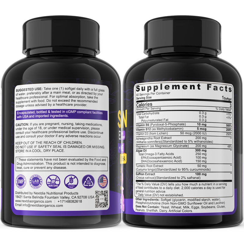 Saffron+Magnesium Glycinate+Omega-3- Mood+ Calm Focus Supplements,100% Pure | Saffron Extract 100mg-Liposomal Saffron Supplements w/Turmeric, Ashwagandha, Vit B6, B12, D3 for Brain,Energy, 120 Softgels. 60 Count (Pack of 2)