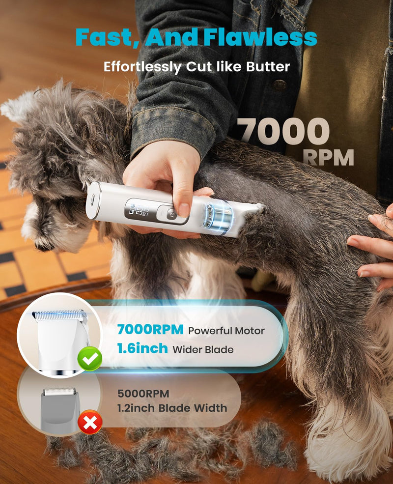 oneisall 4 in 1 Dog Grooming Kit with LCD Display, Dog Hair Trimmer for Paw Nail Grinder, Rechargeable Cordless Low Noise IPX7 Waterproof Pet Clippers (White) White
