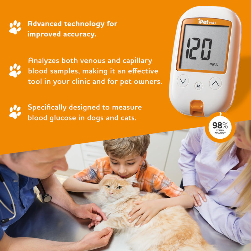 iPet PRO Blood Glucose Monitoring System Designed for Dogs & Cats| Includes Meter, 2 AA Batteries, User Guide, Log Book, 25 Test Strips, Control Solution, Lancing Device, 30 28G Lancets, Carrying Case Blood Glucose Meter Kit - PawsPlanet Australia