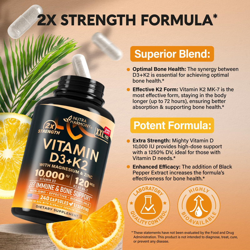 Vitamin D3 K2 - Vitamin D3 10000 iu & K2 as MK-7 120 mcg Complex - 240 Caps | D3 K2 + Magnesium, Zinc & Vitamin C & B12- Immune & Mood Support, Bone & Teeth Health - for Men & Women - Highly Bioavailable 240 Count (Pack of 1)