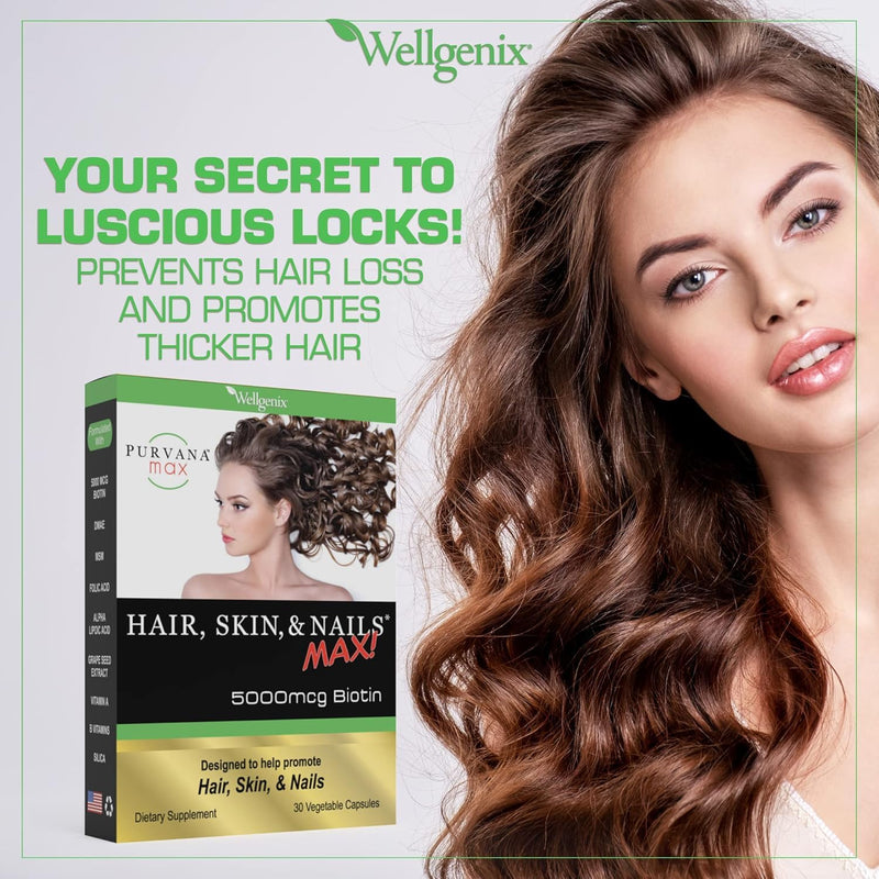 Wellgenix Purvana MAX Hair Skin and Nails Supplement – 5000mcg Biotin with MSM & B-Complex – Support for Thicker Hair, Stronger Nails & Glowing Skin – 30 Veggie Capsules | Biotin, MSM & hyaluronic acid in vegetable capsules for thicker, fuller hair, st...