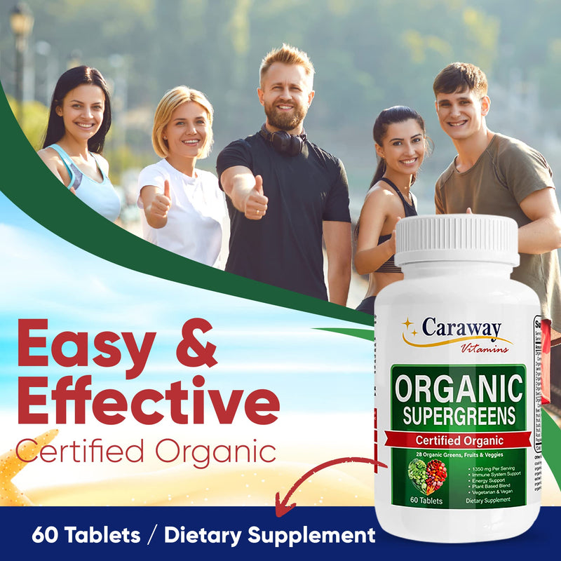 Organic Superfoods Vitamins Super Greens Complex by Caraway Vitamins 1,350 mg per Serving 28 Fruits Vegetables Greens 60 Count Tablets Non-GMO Natural for Men & Women