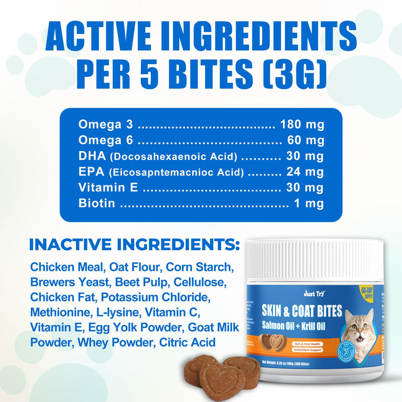 Just Try 300 Bites Skin and Coat Healthy Cat Vitamins for Indoor Cats Omega 3 for Cats Salmon Oil Supplements- Cat Itchy Skin Relief