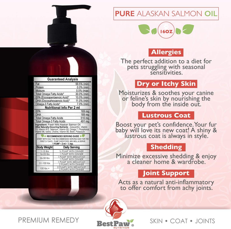 Pure Wild Alaskan Salmon Oil for Dogs & Cats Skin and Coat - Fish Oil Liquid with Pump - Supports Joint Function, Immune & Heart Health - Omega 3 Liquid Food Supplement - All Natural EPA + DHA - 16oz 16 Fl Oz - BeesActive Australia