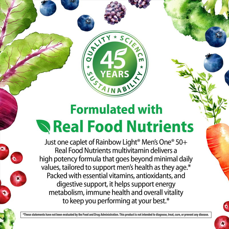 Rainbow Light Mens Multivitamin One + for 50 Plus | 150 Caplets | Supports Muscle Health | with Vitamins C, D, and Zinc | Real Food Nutrients, Digestive Enzymes & Probiotics 150 Count (Pack of 1)