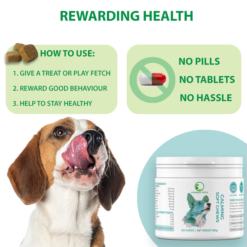 Primary Pets Premium Pet Supplies Calming Treats for Dogs, for Dog Barking, Anxiety, Stress, Fear, Hyperactivity, Aggression, Travel Anxiety, 120 Soft Chews 120 Chews