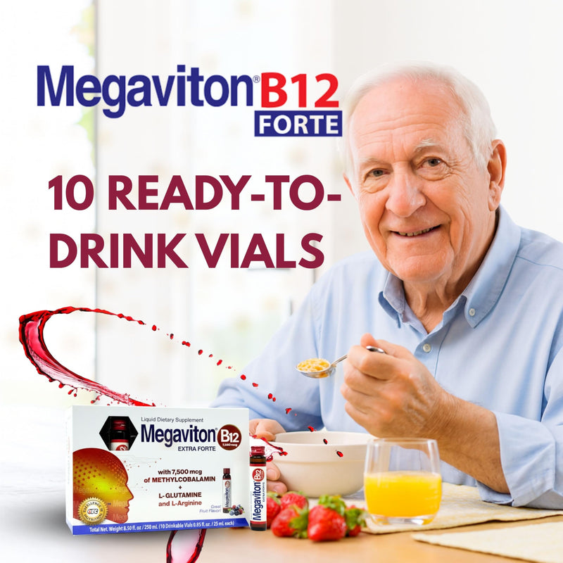 B12 Extra Forte 7500 mcg Liquid | 10 Drinkable Vials 8.50 fl oz | Methylcobalamin + L-Glutamine & L-Arginine | Energy, Focus, Immune & Nervous System Support