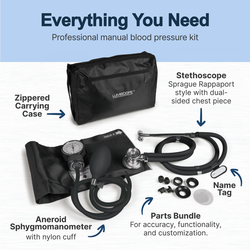 Lumiscope Professional Blood Pressure Kit - Stethoscope, Manual BP Cuff, Sphygmomanometer - Black