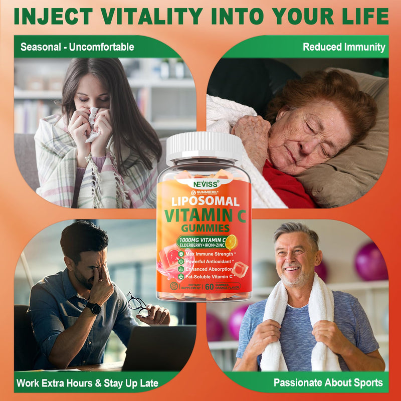 Liposomal Vitamin C 1000mg Gummies for Adults - Vitamin C Chewable with Elderberry, Zinc & 8mg Iron, Sugar Free Vit C Supplements, Daily Immune Support Gummies for Energy, Collagen Booster 60 Counts 60 Count (Pack of 1)