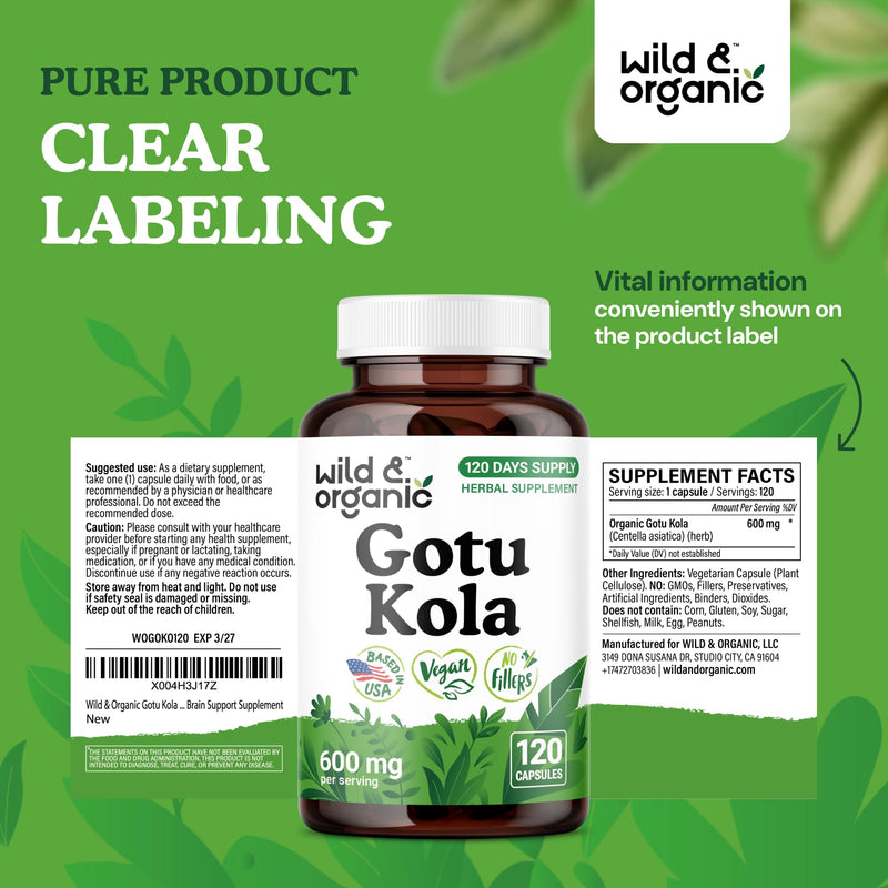 Wild & Organic Gotu Kola Capsules 600 mg - Brain & Focus Support - Gotu Kola Supplement - Centella Asiatica Powder - 120 Days of Supply - Vegan, No Fillers, Non-GMO - 120 Count - BeesActive Australia