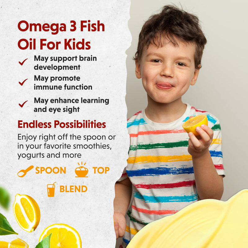 Barlean's Lemonade Omega Pals Kids Omega-3 Fish Oil, 540mg EPA & DHA, 8oz | Wild-caught kids fish oil, 540mg EPA DHA omega-3, Kid-friendly flavor, Non-GMO, Gluten-free, Liquid, Brain & eye Chirpin' Slurpin' Lemonade 8 Fl Oz (Pack of 1)
