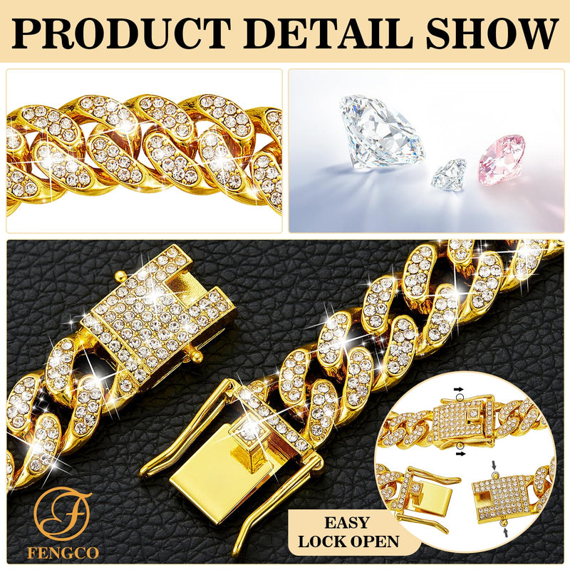 Gold Dog Chain Collar Diamond Cuban Link Dog Collar 13mm Wide Dog Necklace Metal Cat Chain Pet Crystal Collar Jewelry Accessories for Small Medium Large Dogs Cats(10inch) 10inch Gold - BeesActive Australia