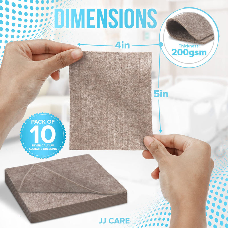 JJ CARE Silver Calcium Alginate Wound Dressing (Pack of 10) 4x5, Silver Alginate Wound Dressing Individually Packed, Highly Absorbent Non-Adherent Bandages for Wound Care 4x5 Inch (Pack of 10)