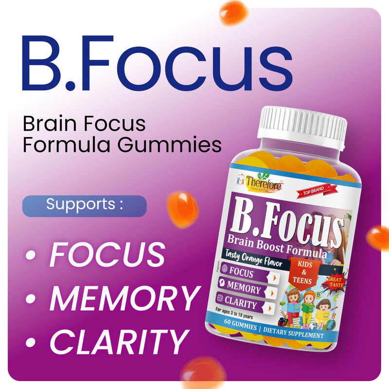 B.Focus Omega 3 for Kids & Teens, DHA Gummies, Kids Attention and Focus Supplement, Memory and Concentration Support, Children Gummies, Orange Flavor, 60 Count