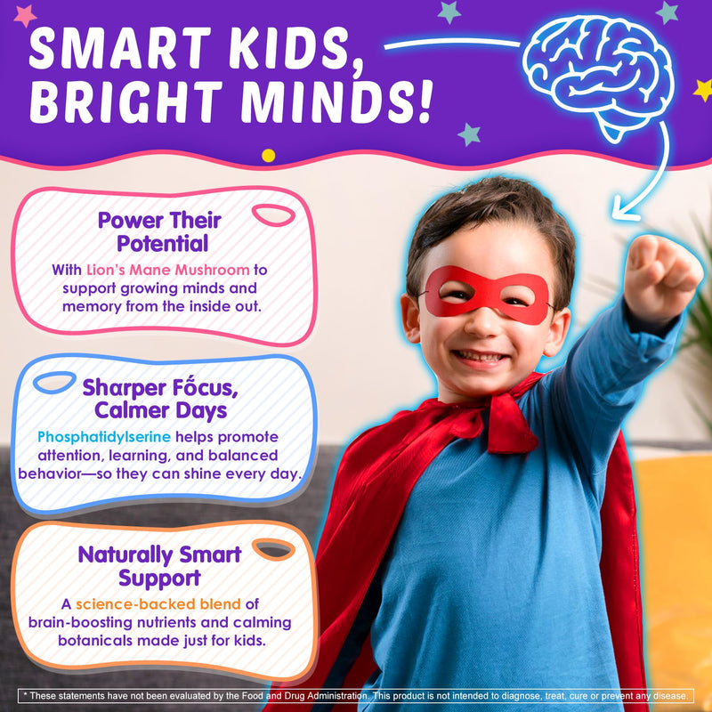 Kids Brain Gummies, Focus Supplement w/Lions Mane Mushroom, Brain Vitamins | Phosphatidylserine, B6, Methyl B12 & B9, Saffron for Focus & Attention, Cognitive, Vision, Energy, Sugar Free, Vegan, 60 Ct 60 Count (Pack of 1)