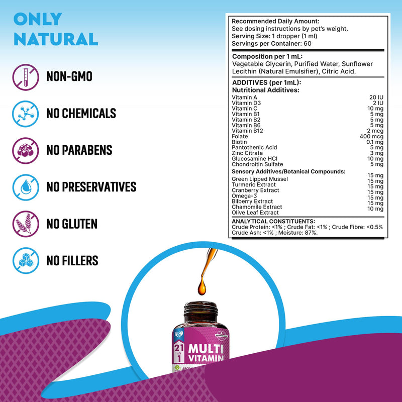 21-in-1 Multivitamin for Dogs and Cats – Liquid Drops with Glucosamine & Cranberry – Hip & Joint, Urinary Tract, Skin & Coat, Immune Support – All Breeds & Sizes – 60 mL