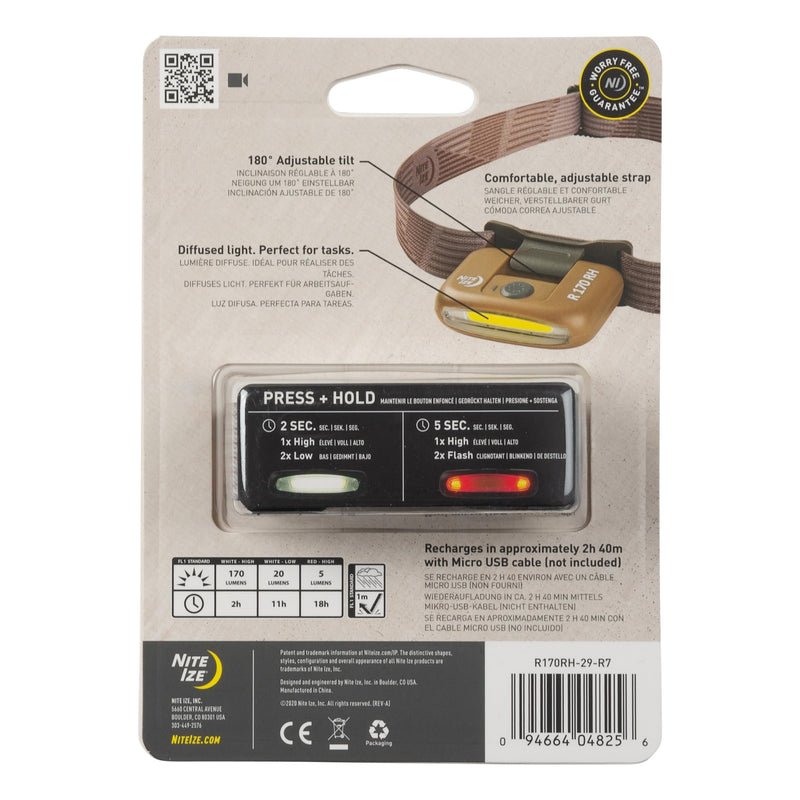 Nite Ize Radiant 170 Rechargeable Headlamp - Durable Headlamp with Rechargeable 170 Lumen Light - Great for Camping, Hiking & at-Home Projects - Coyote
